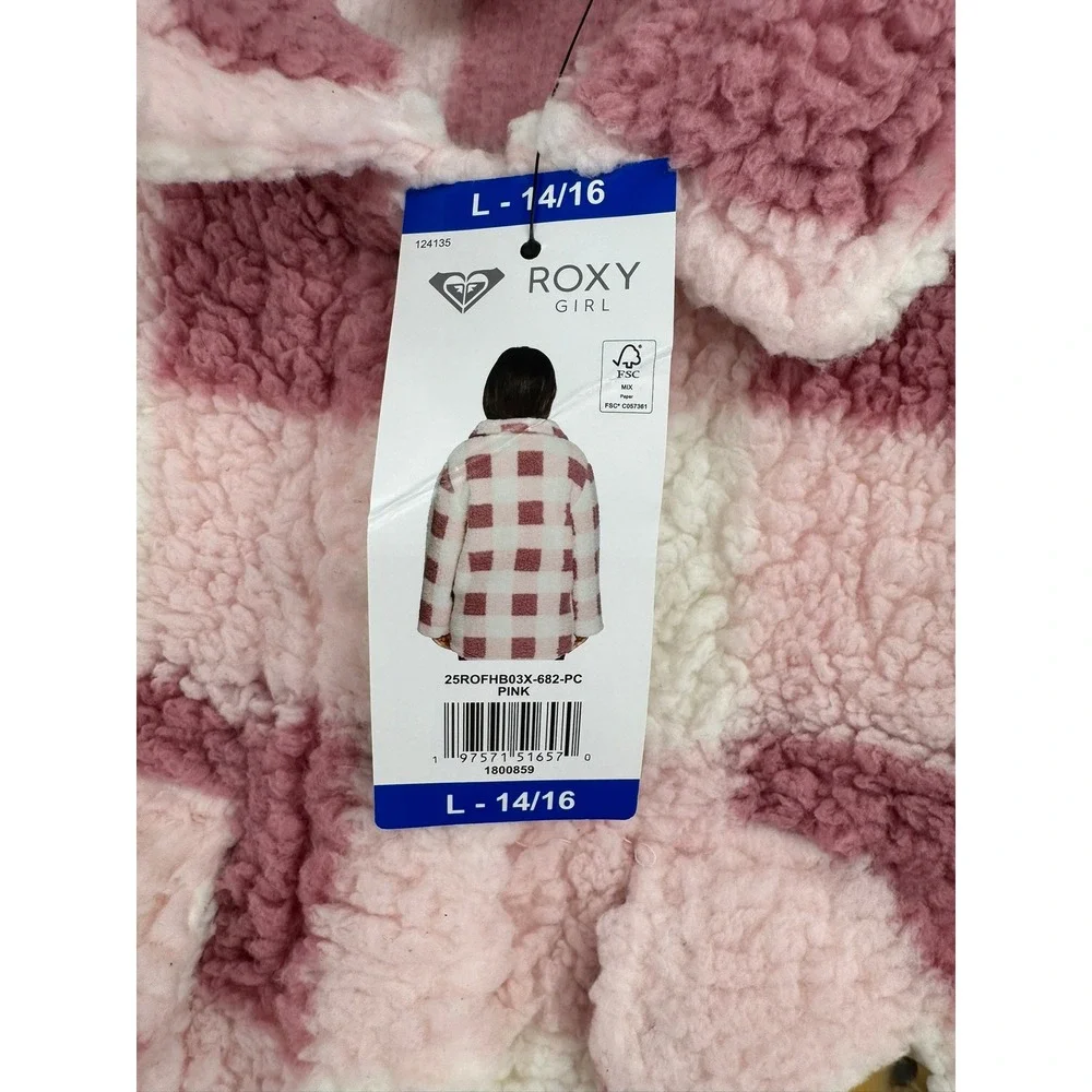 Roxy Shirt Jacket Kids Size L 14/16 Pink Plaid Sherpa Fleece Shacket 25ROFHB03X